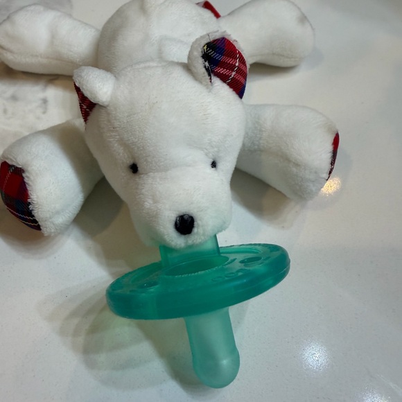 Wubbanub Other - Plaid Accented White Plush Pacifier Holder